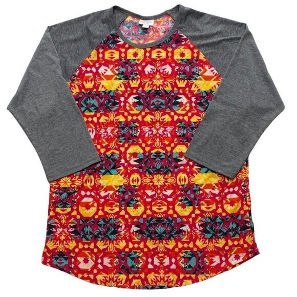 LuLaRoe Randy Raglan Sleeve Gray‎ Pink Yellow Geometric Pattern Sz 2XL NEW - Picture 2 of 8